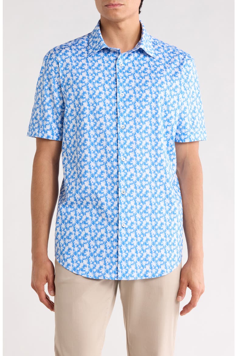 OoohCotton® Palm Tree Print Short Sleeve Button-Up Shirt, Main, color, CLASSIC BLUE