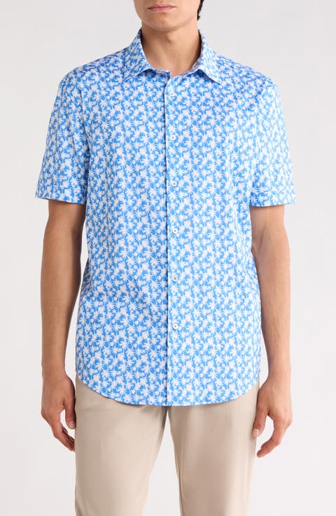OoohCotton® Palm Tree Print Short Sleeve Button-Up Shirt