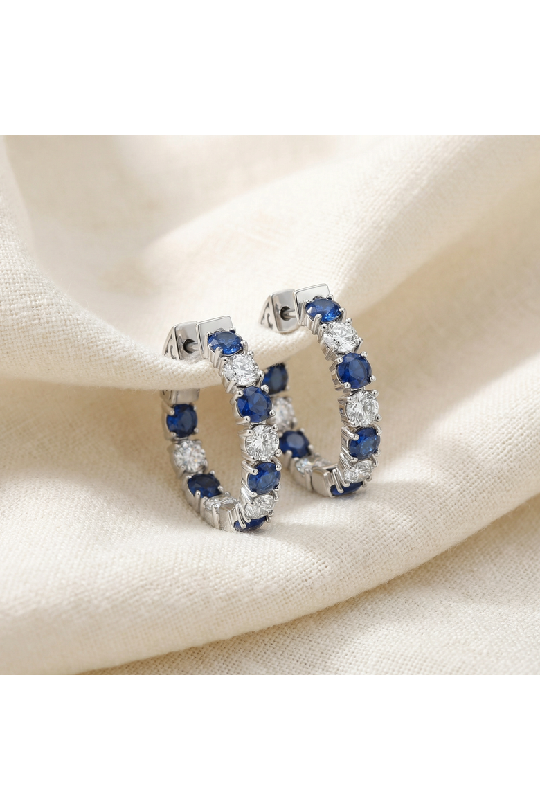 4 1/2Ct Diamond & Sapphire Hoops or Gold Lab Grown 1" Tall, Alternate, color, White Gold