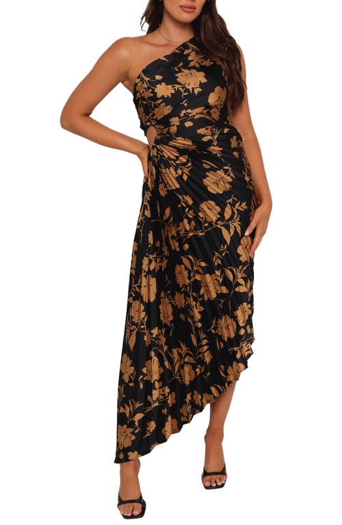 Petal & Pup Kleo Floral Pleated One-Shoulder Satin Dress in Black/Gold 