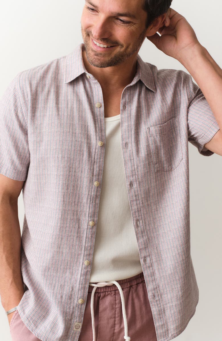Marine Layer Stretch Selvage Short Sleeve Button-Up Shirt, Alternate, color, Purple Matchstick Print
