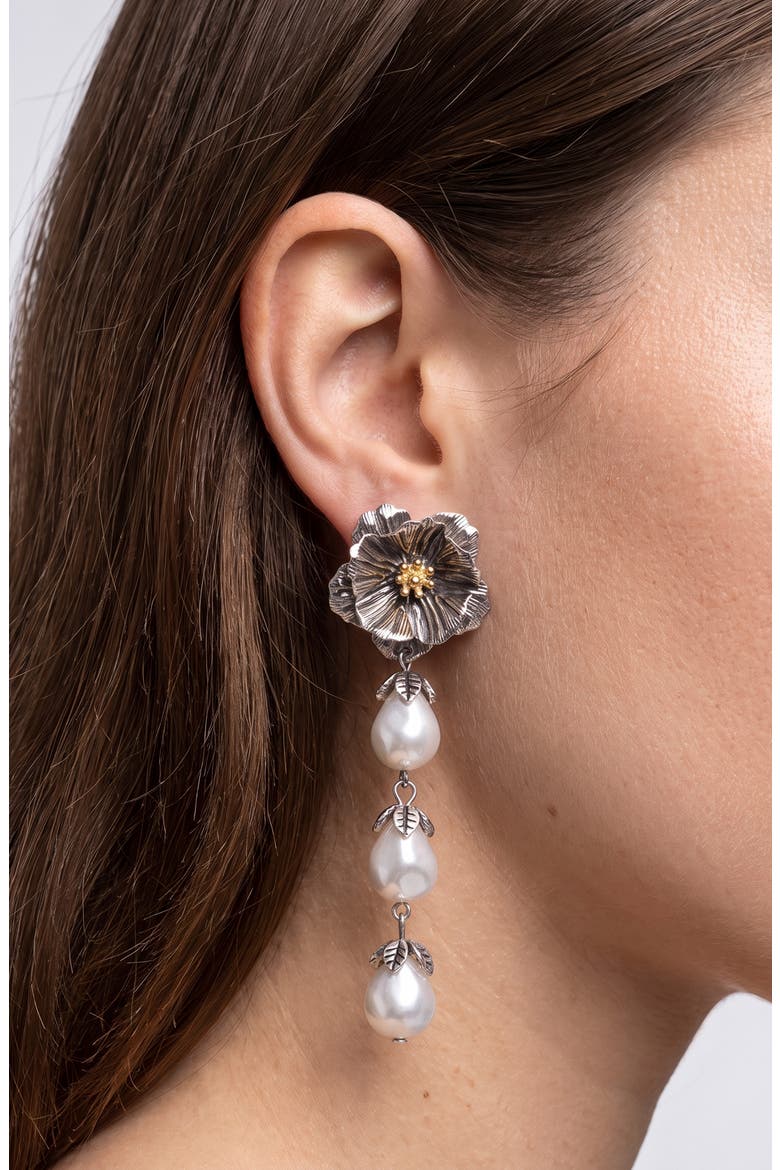 Floral Faux Pearl Drop Earrings, Main, color, WHITE/ BLACK RHODIUM