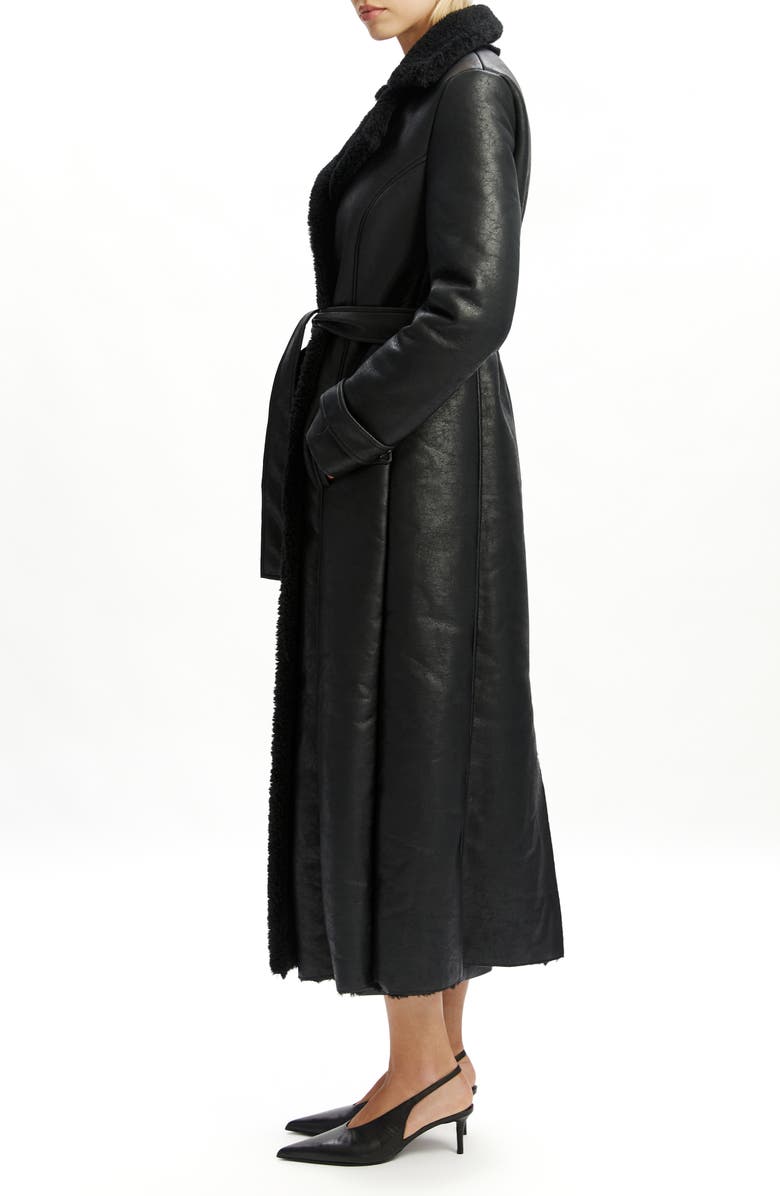 Bardot Belted Faux Leather & Faux Shearling Trim Trench Coat, Alternate, color, Black