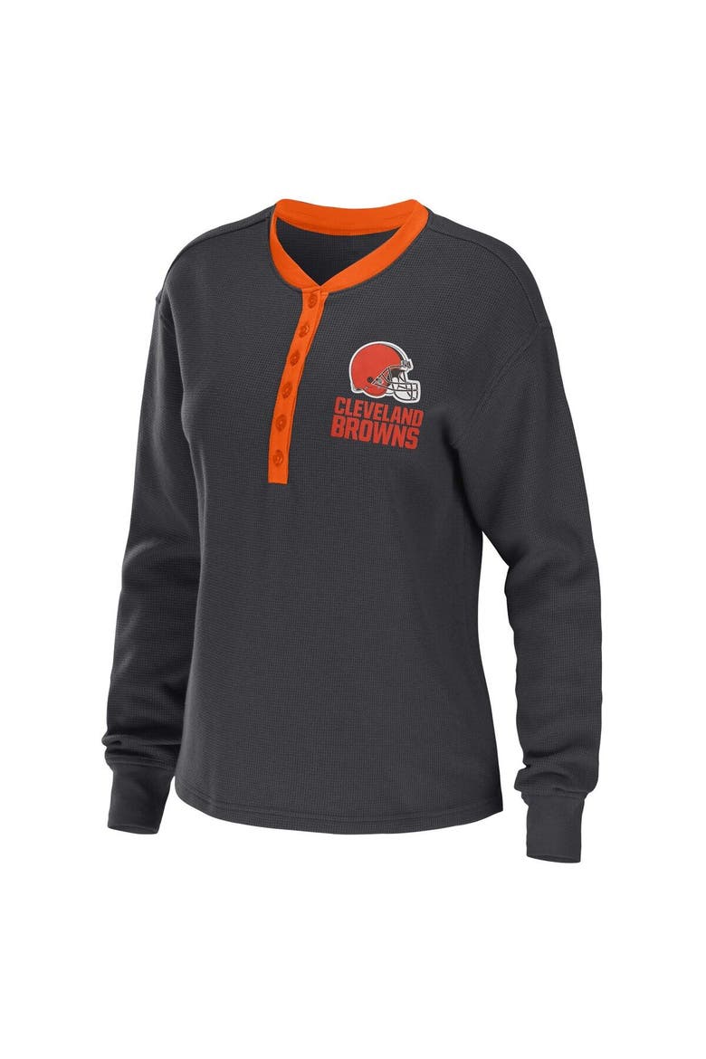 Women's WEAR by Erin Andrews Charcoal Cleveland Browns Waffle Henley Long Sleeve T-Shirt, Alternate, color, Charcoal