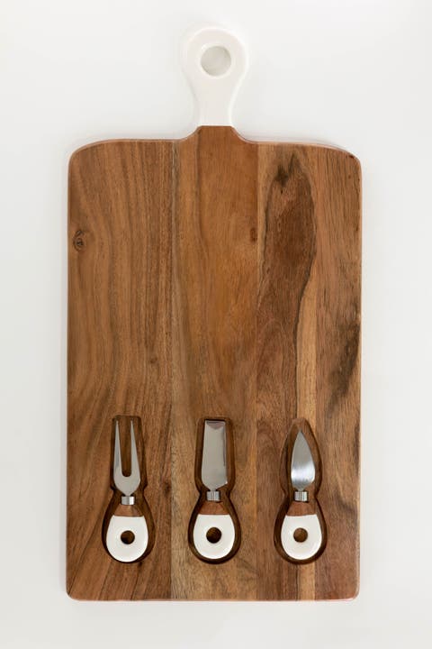 Wood + White Collection Acacia Wood Board with Inlaid Knives