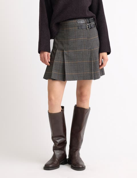 Checked Buckle A-Line Pleated Skirt