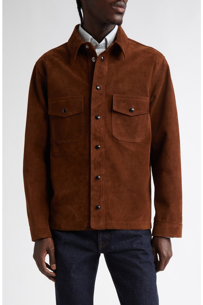 Suede Button-Up Overshirt, Main, color, 300 DARK BROWN