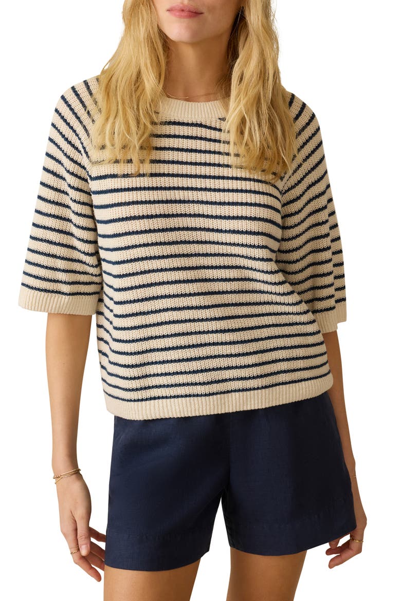 Miramar Short Sleeve Linen & Organic Cotton Sweater, Main, color, ANCHOR BAY STRIPE