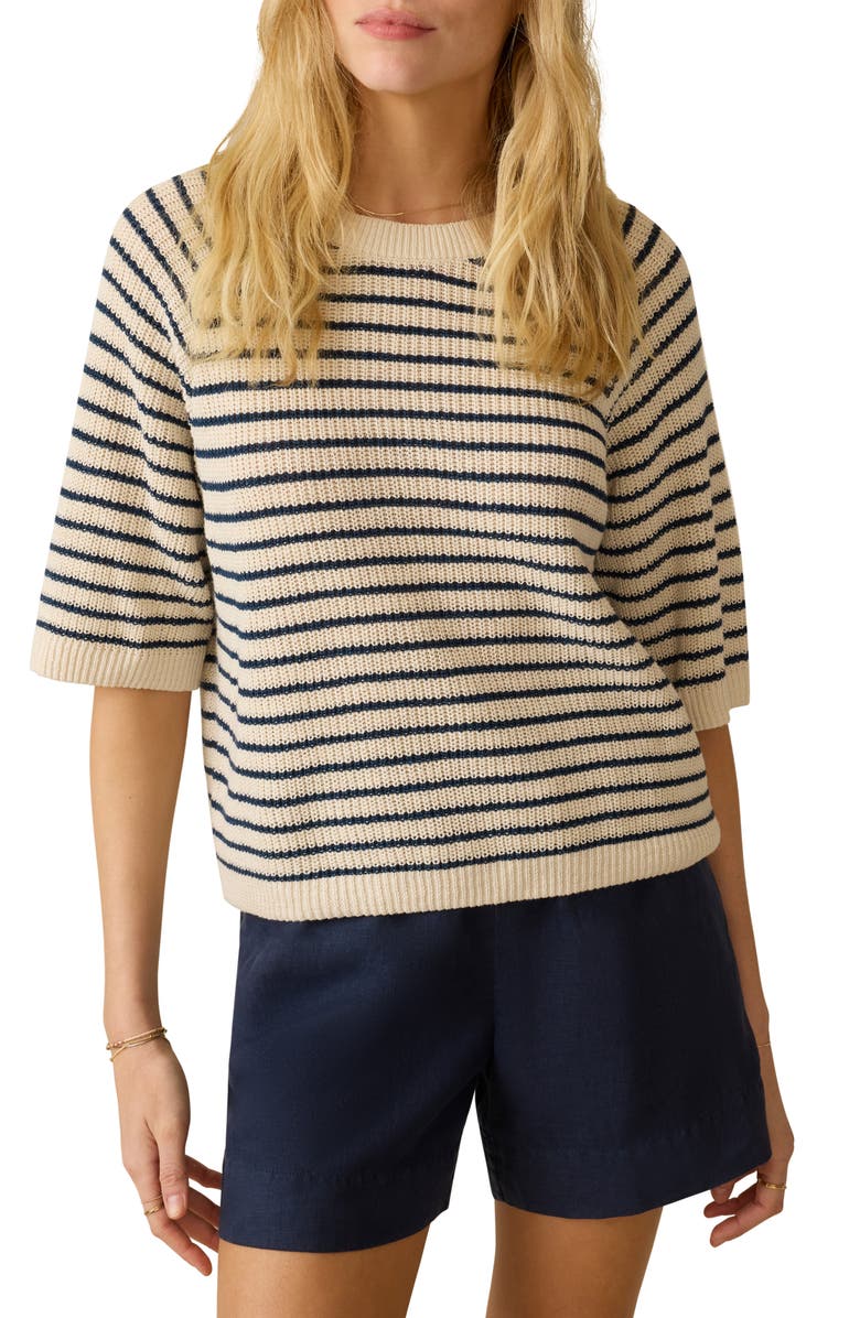 Faherty Miramar Short Sleeve Linen 
Organic Cotton Sweater, Main, color, Anchor Bay Stripe