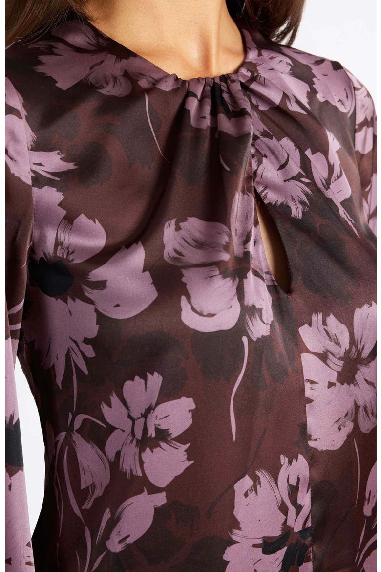 Elena Long Sleeve Twist Neck Blouse in Floral Twill Crepe, Alternate, color, RAISIN