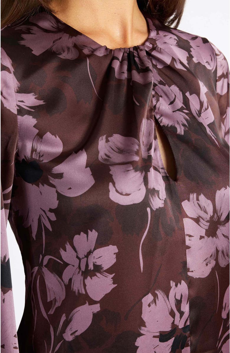 Santorelli Elena Long Sleeve Twist Neck Blouse in Floral Twill Crepe, Alternate, color, Raisin
