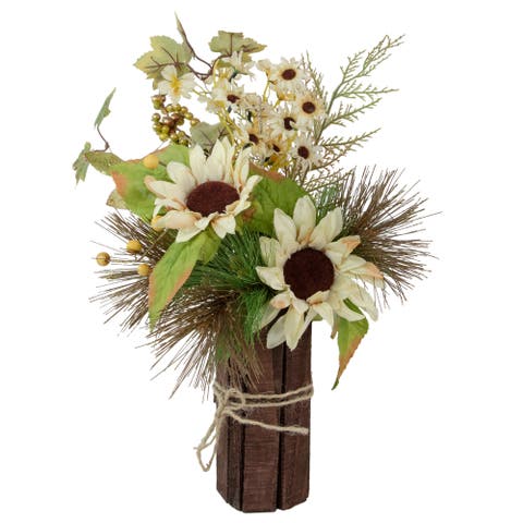 Sunflowers and Daisies Glittered Artificial Fall Harvest Flower Arrangement - 16"