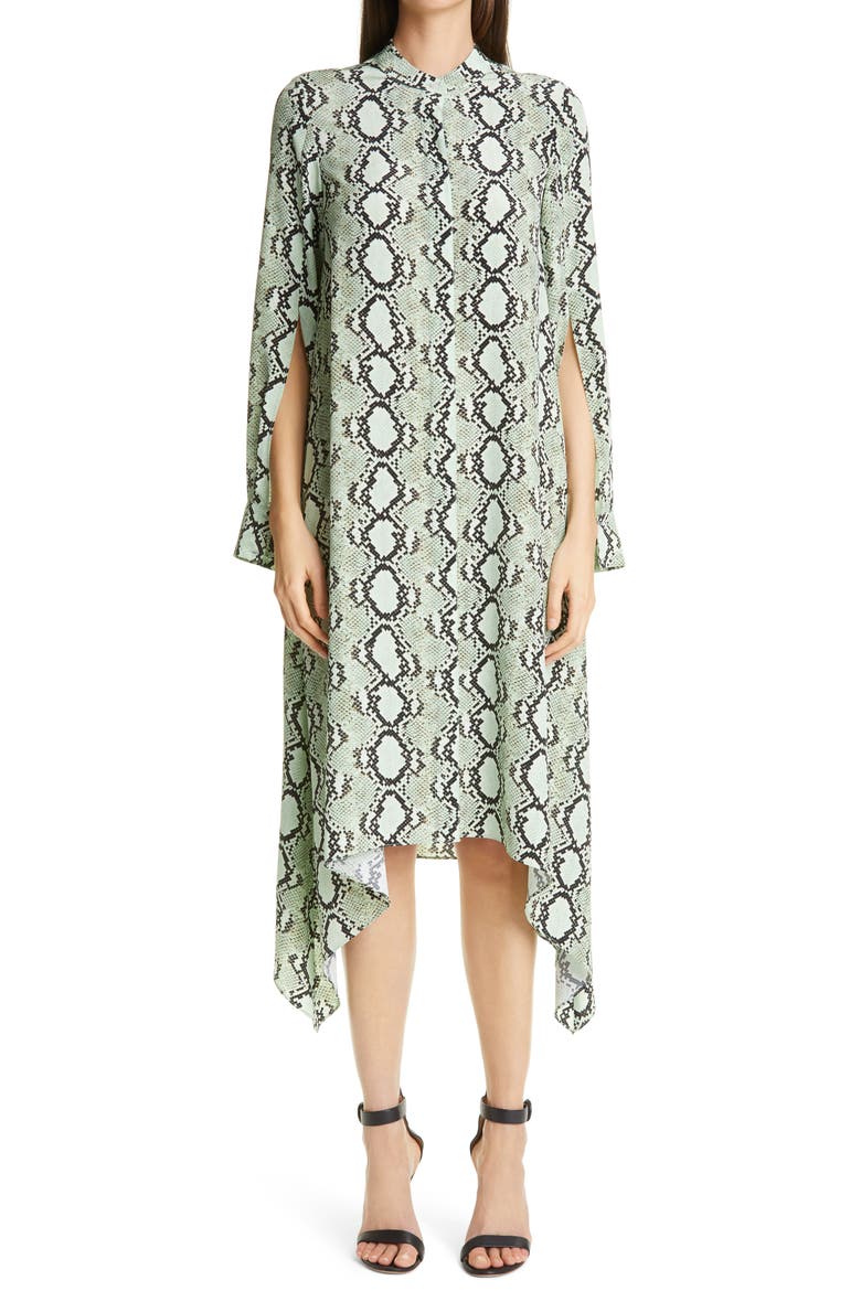 Snakeskin Print Crêpe de Chine Long Sleeve Midi Dress, Main, color, MINT MULTI MIMU