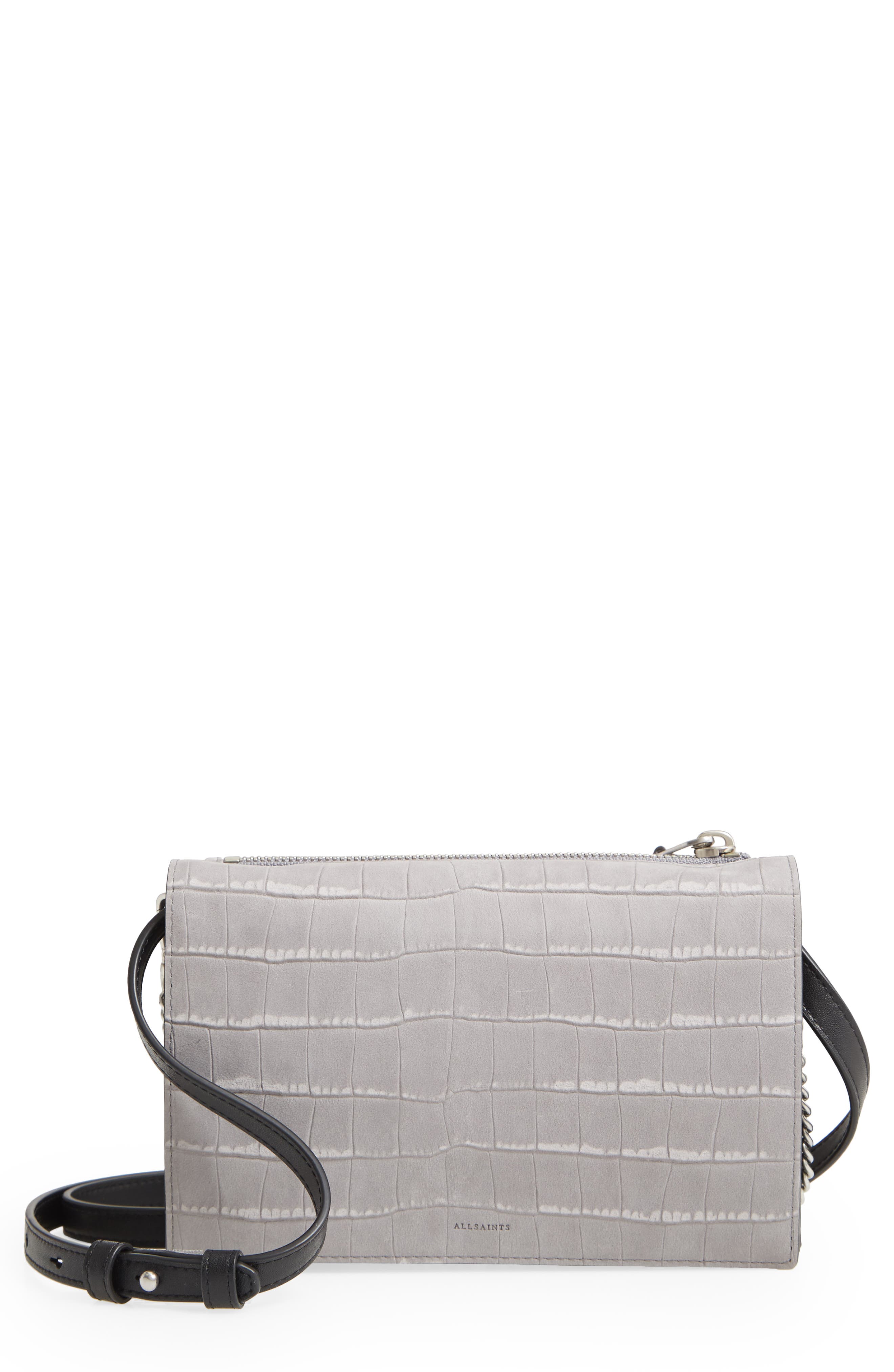 AllSaints Claremont Croc Embossed Leather Crossbody, Main, color, 