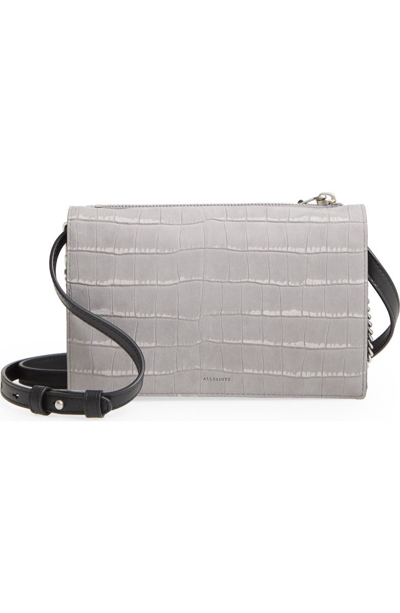 AllSaints Claremont Croc Embossed Leather Crossbody, Main, color,
