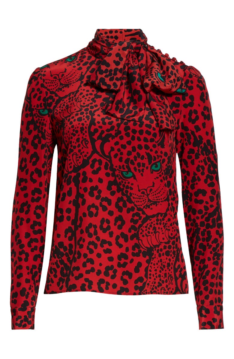 RED Valentino Leopard Print Tie Neck Silk Blouse, Alternate, color,