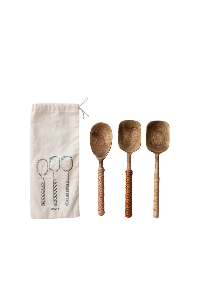 Mango Wood Spoons with wood and Leather Wrapped Handles, Set of 3 in Printed Drawstring Bag, Main, color, Natural