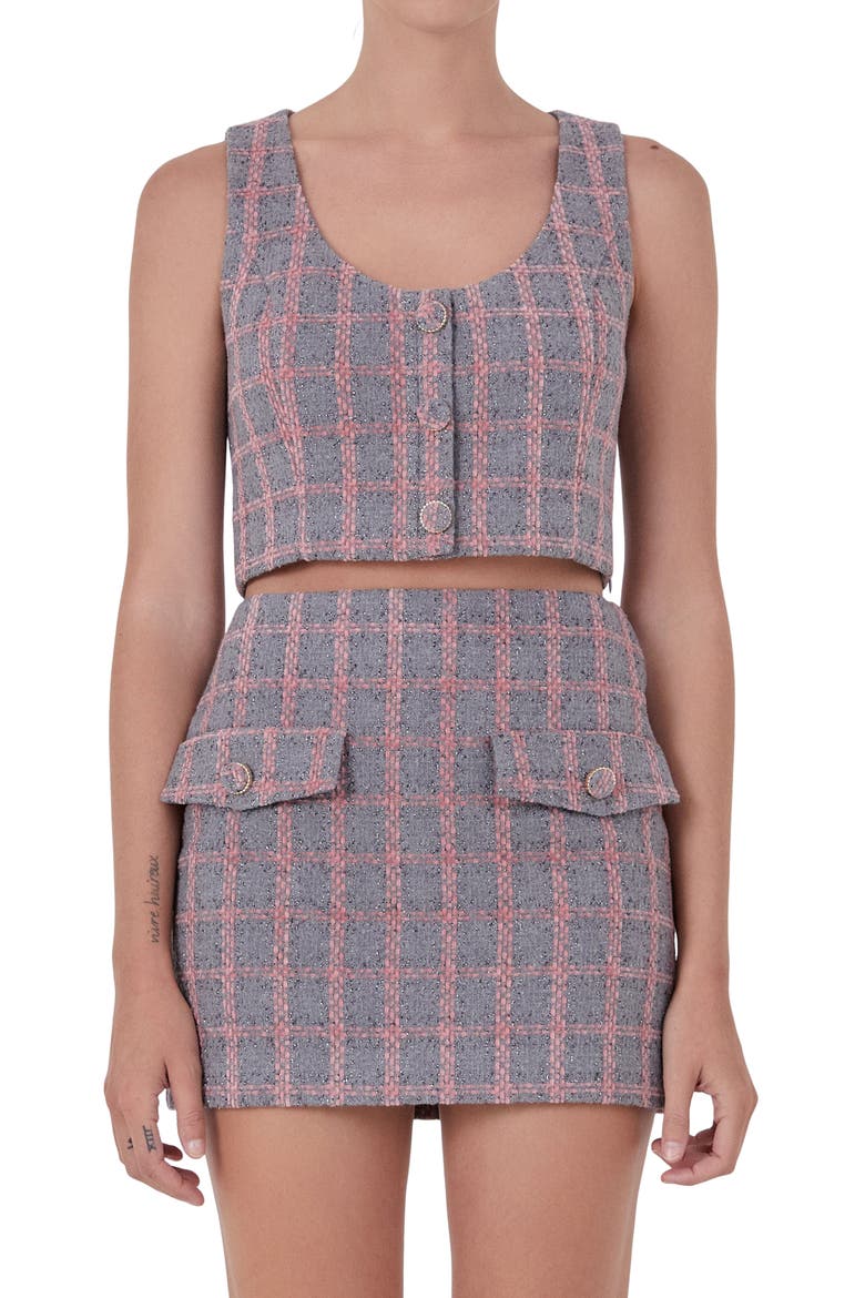Tweed Button Sleeveless Crop Top, Alternate, color, GREY