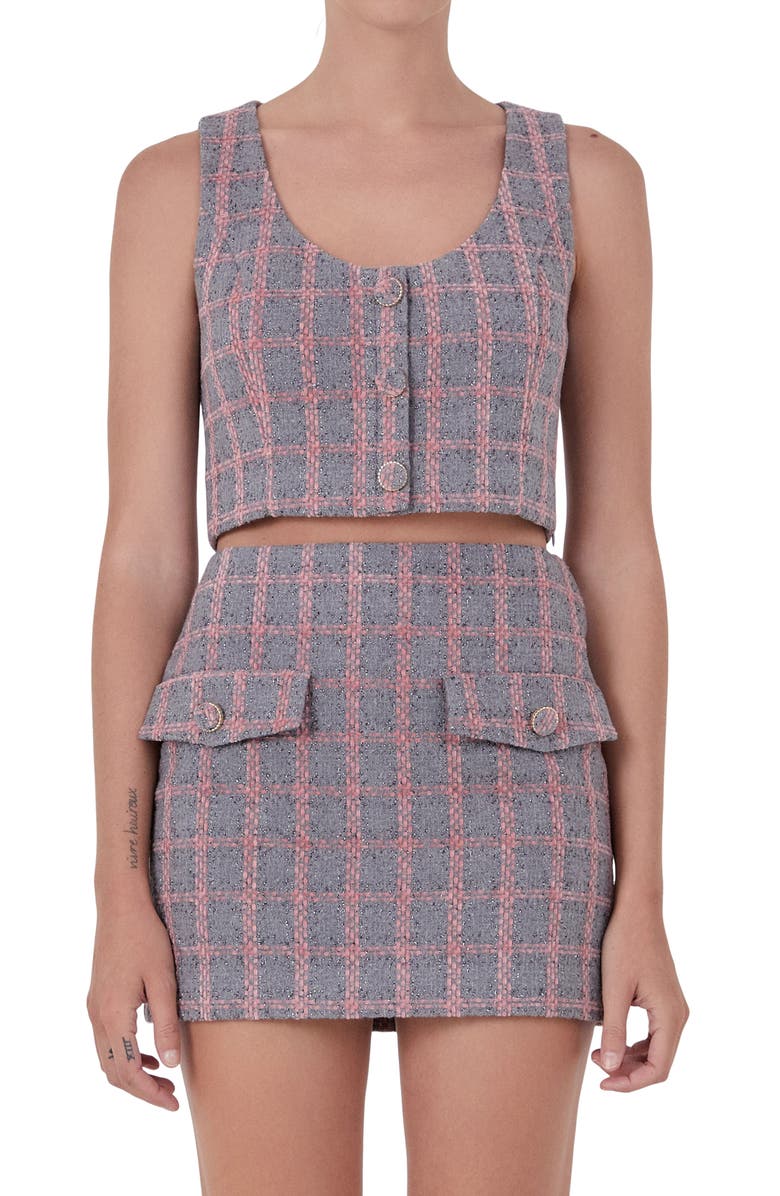 Endless Rose Tweed Button Sleeveless Crop Top, Alternate, color, Grey