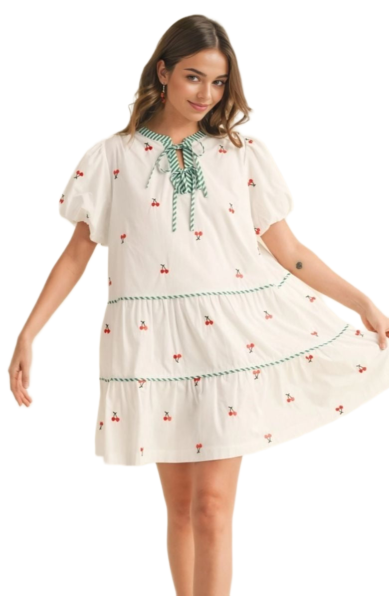 Knit and Lounge Cherry Embroidered Striped Puff Sleeve Tie Neck Tiered Mini Dress, Alternate, color, Cherry Embroidery