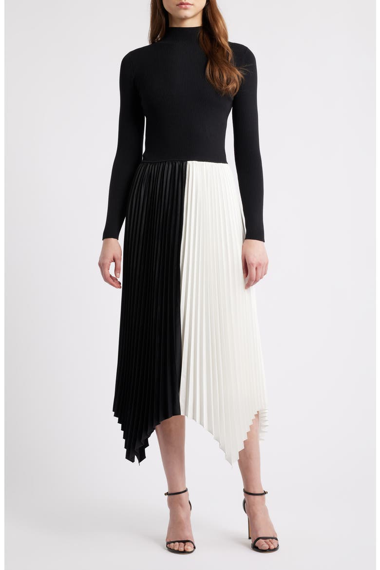 The Elsa Long Sleeve Mixed Media Midi Dress, Main, color, NOIR/ SKY WHITE