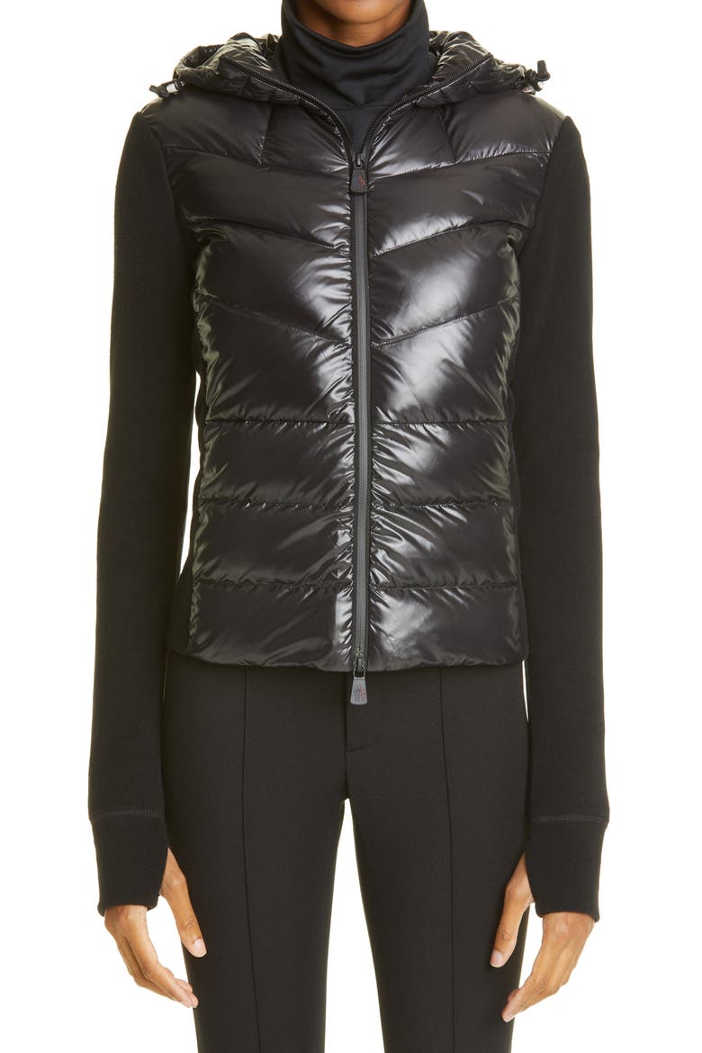 Quilted 750 Fill Power Down & Fleece Hooded Cardigan, Main, color, BLACK