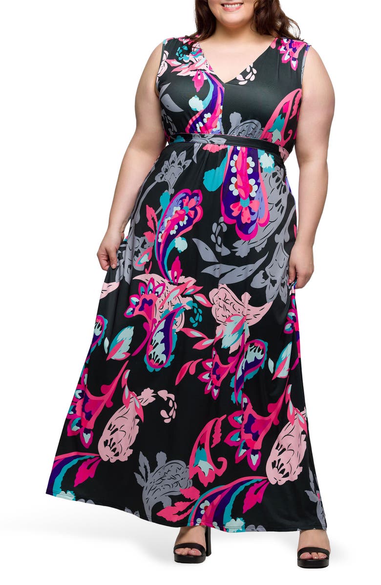 24seven Comfort Apparel V-Neck Sleeveless Maxi Dress, Main, color, Pink Multi