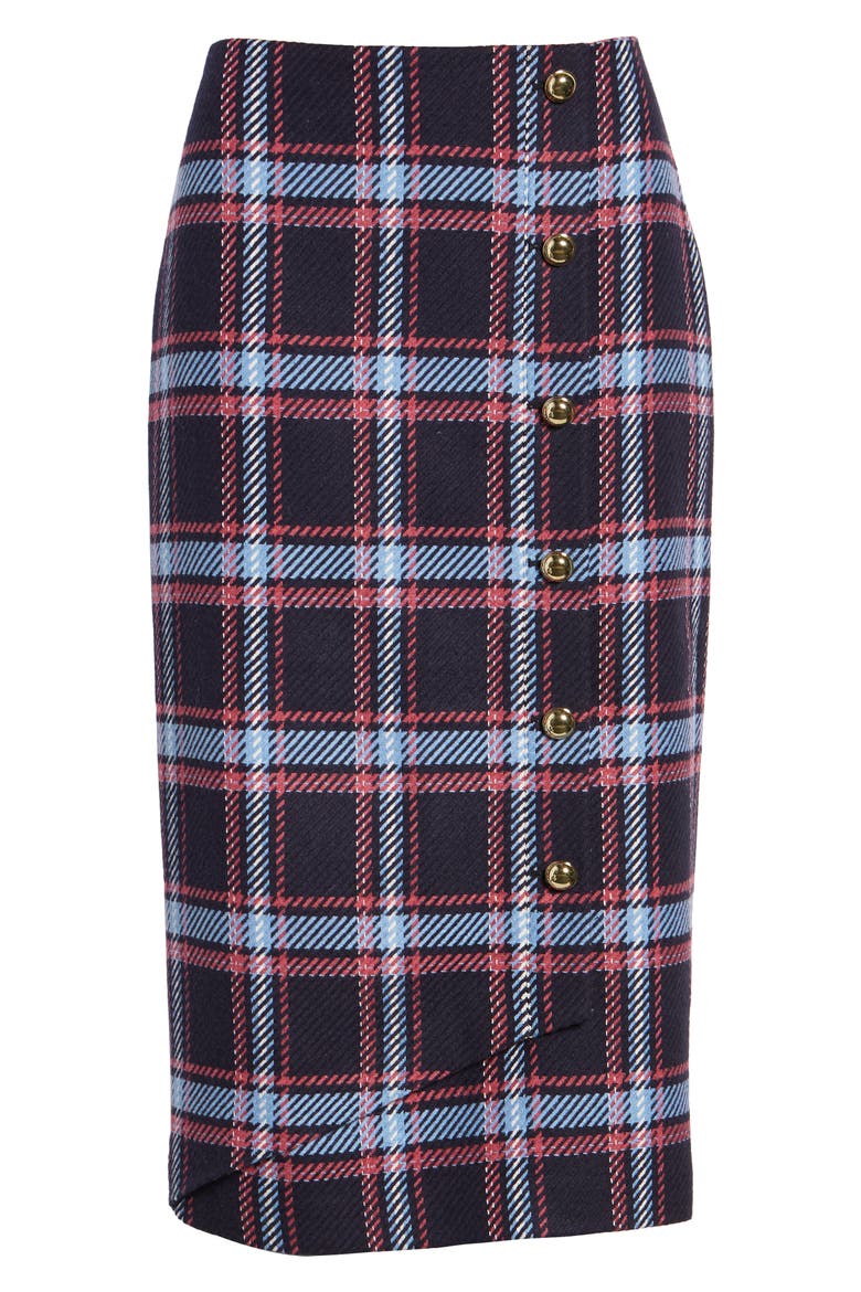 x Atlantic-Pacific Plaid Wrap Pencil Skirt, Alternate, color, NAVY PLAID