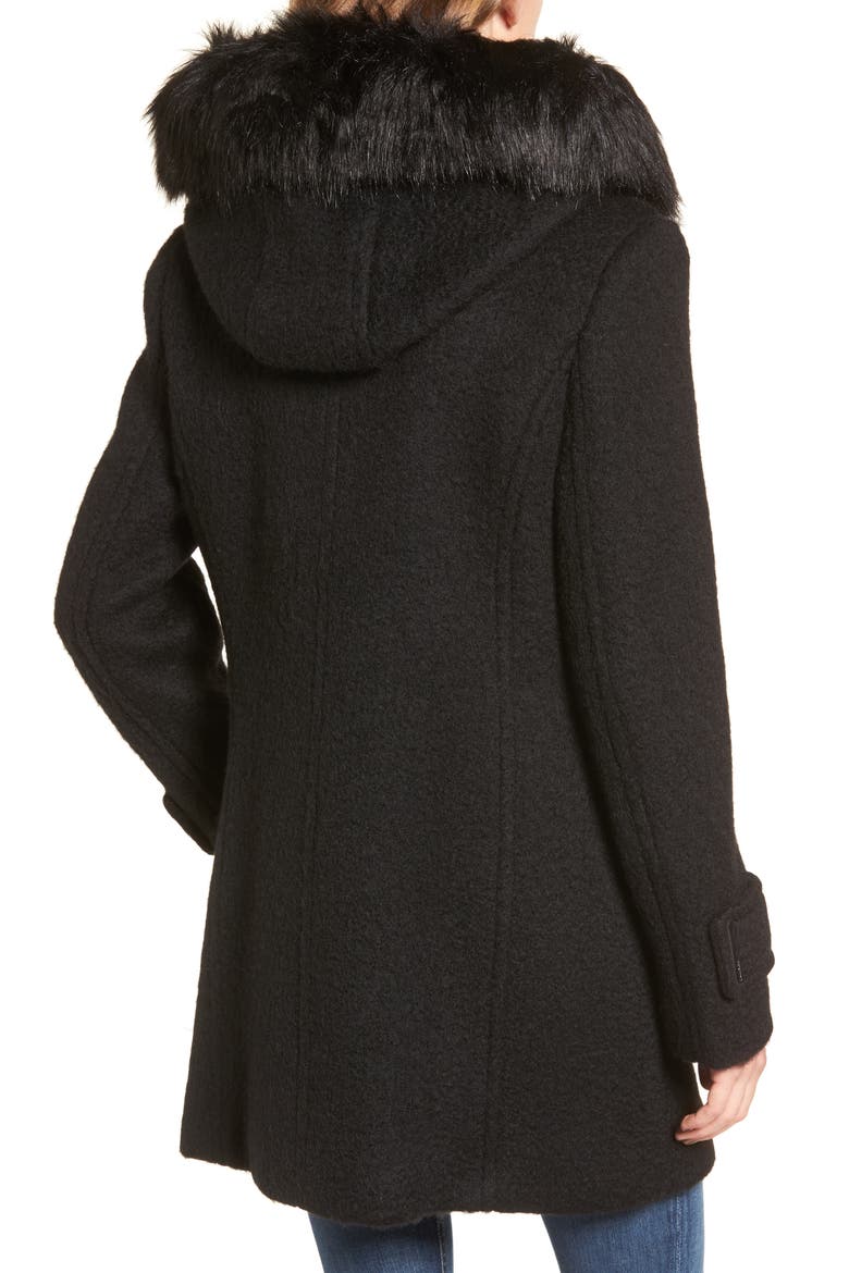 Hooded Wool Blend Jacket with Faux Fur Trim, Alternate, color, BLACK