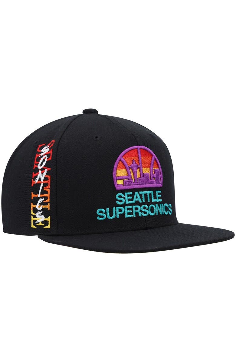 Mitchell & Ness Men's Mitchell & Ness  Black Seattle SuperSonics Soul High-Grade Fade Undervisor Snapback Hat, Main, color, 