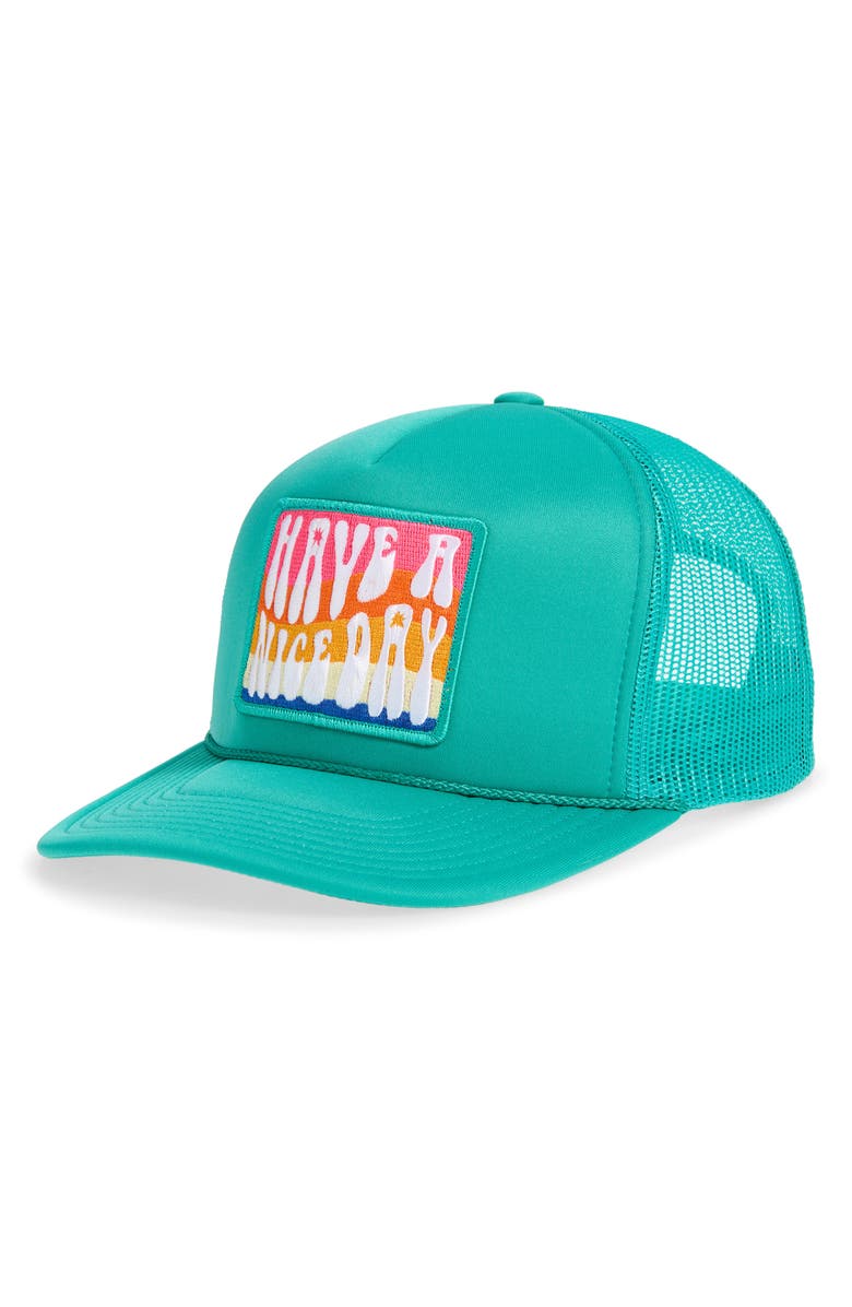 Local Beach Have A Nice Day Patch Trucker Hat, Main, color, Jade