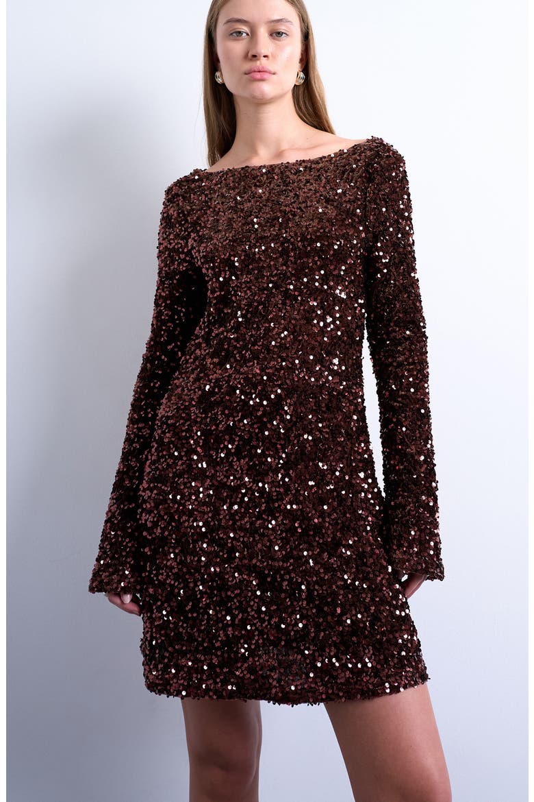 Sequin Cowl Back Long Sleeve Minidress, Alternate, color, BROWN