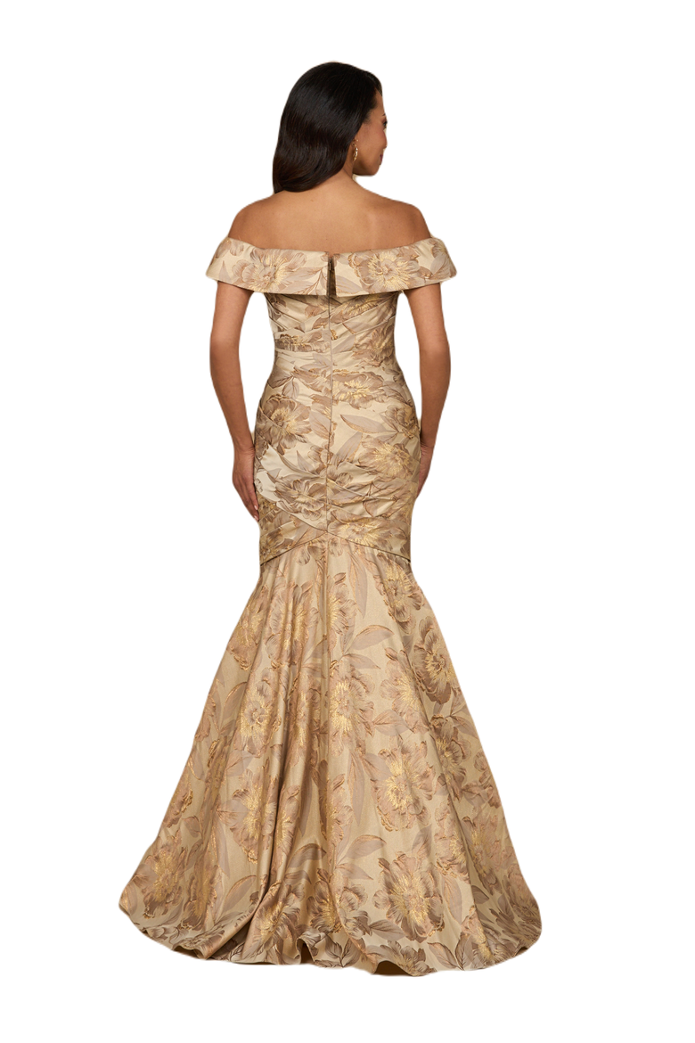 Off Shoulder Brocade Mermaid Gown, Alternate, color, Champagne Gold