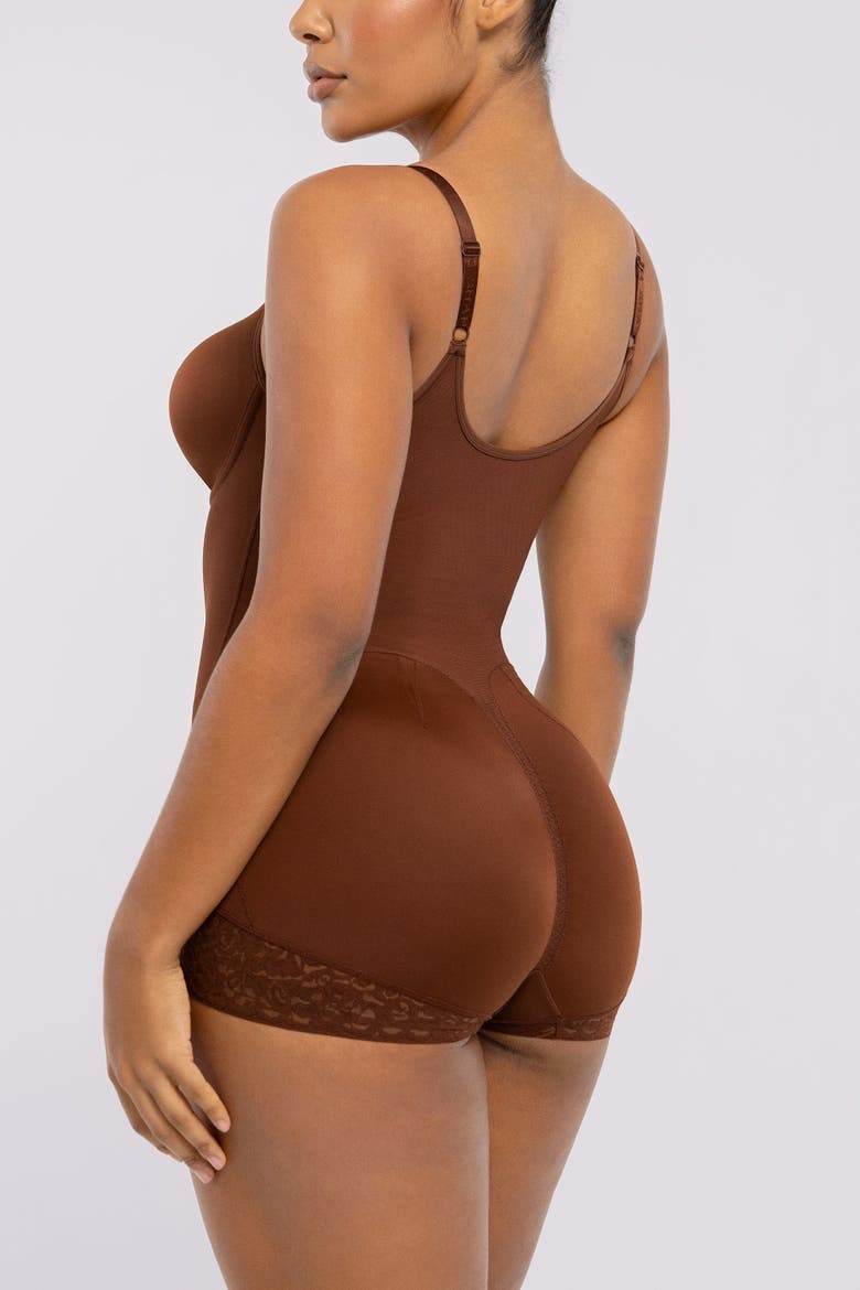 Tummy Control Zip-Up Brief Bodysuit, Alternate, color, Brown
