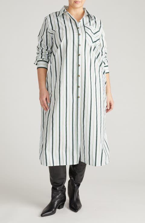 Odeon Long Sleeve Stretch Poplinn Midi Shirtdress (Plus)