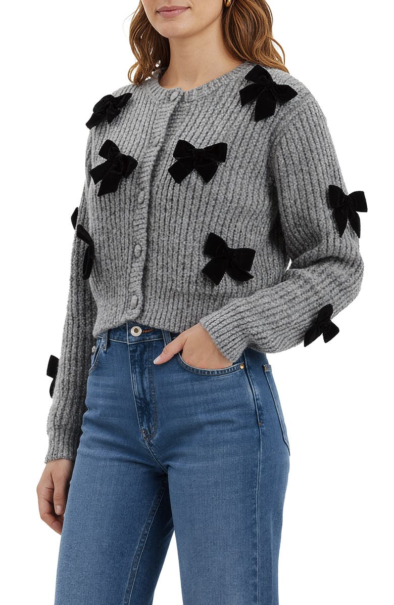 Lush Bow Appliqué Cardigan, Alternate, color, Charcoal Black