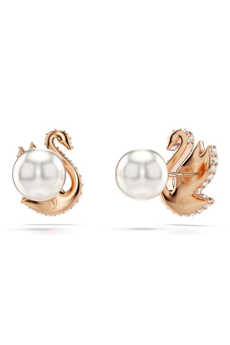Swan Pearl Back Stud Earrings, Alternate, color, BLACK