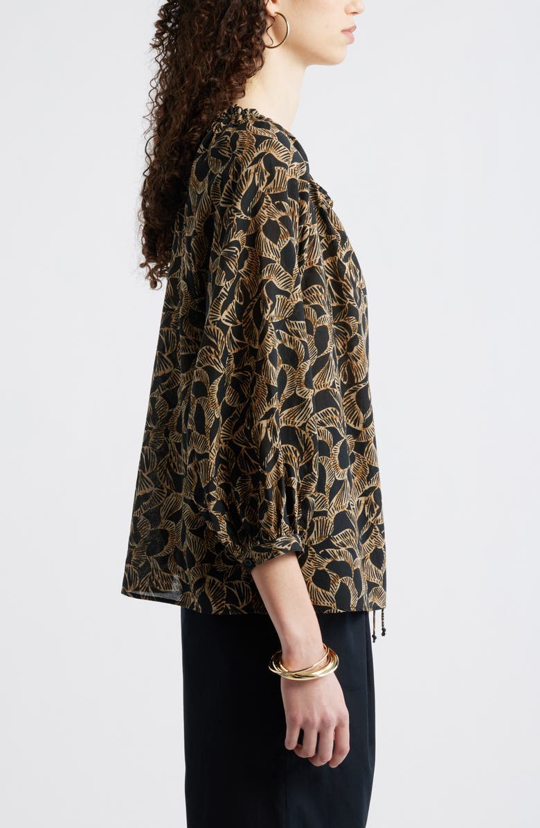 Nordstrom Ruffle Neck Tie Front Top, Alternate, color, Black- Tan Leaf Global