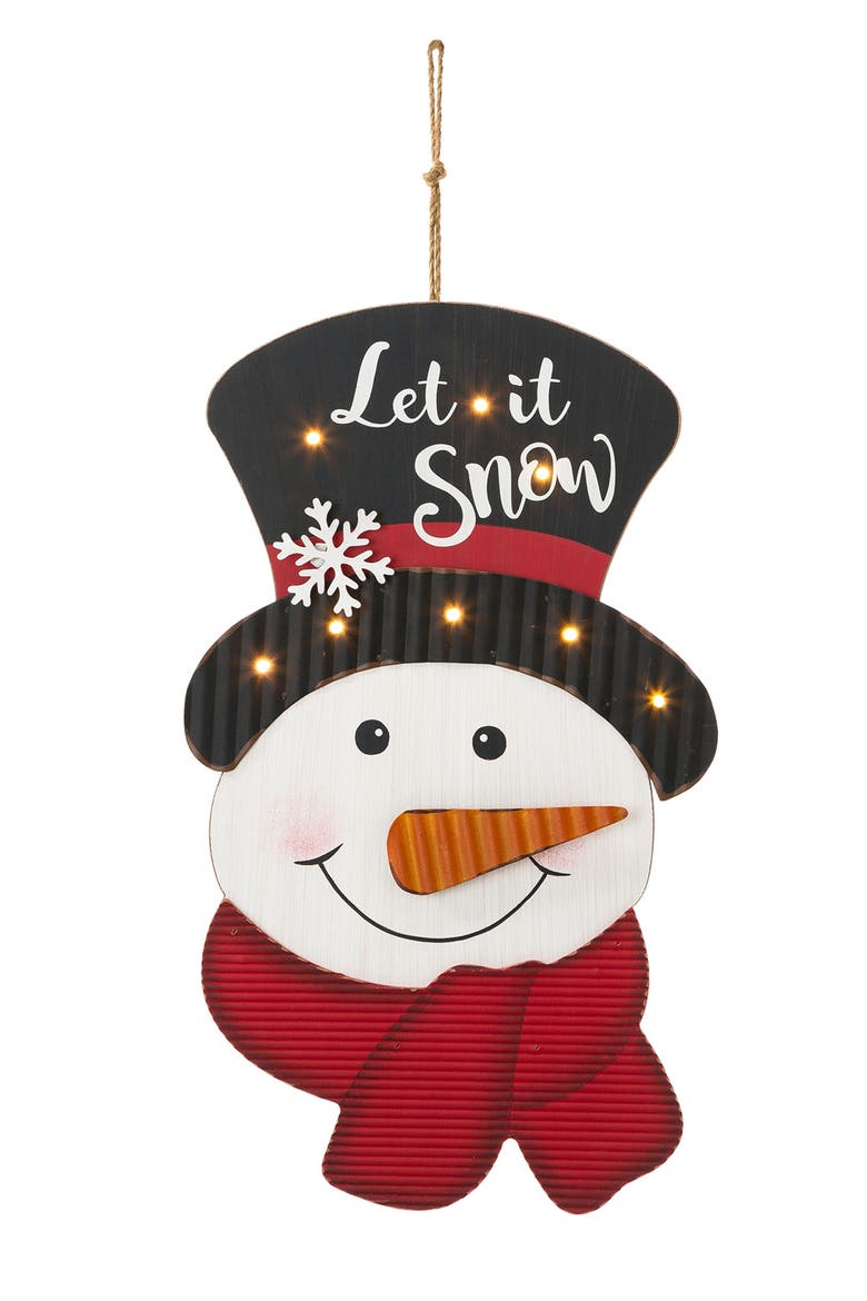 19"H Lighted 3D Wooden Metal Snowman Wall Decor, Main, color, Red
