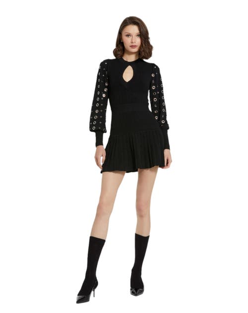 Mac Duggal Knit Long Sleeve Grommet Mini Dress In Black