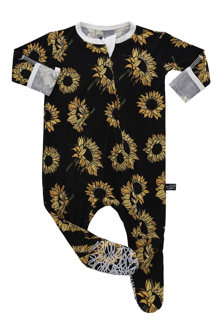 Sunflowers Fitted One-Piece Footie Pajamas, Main, color, BLACK/ WHITE
