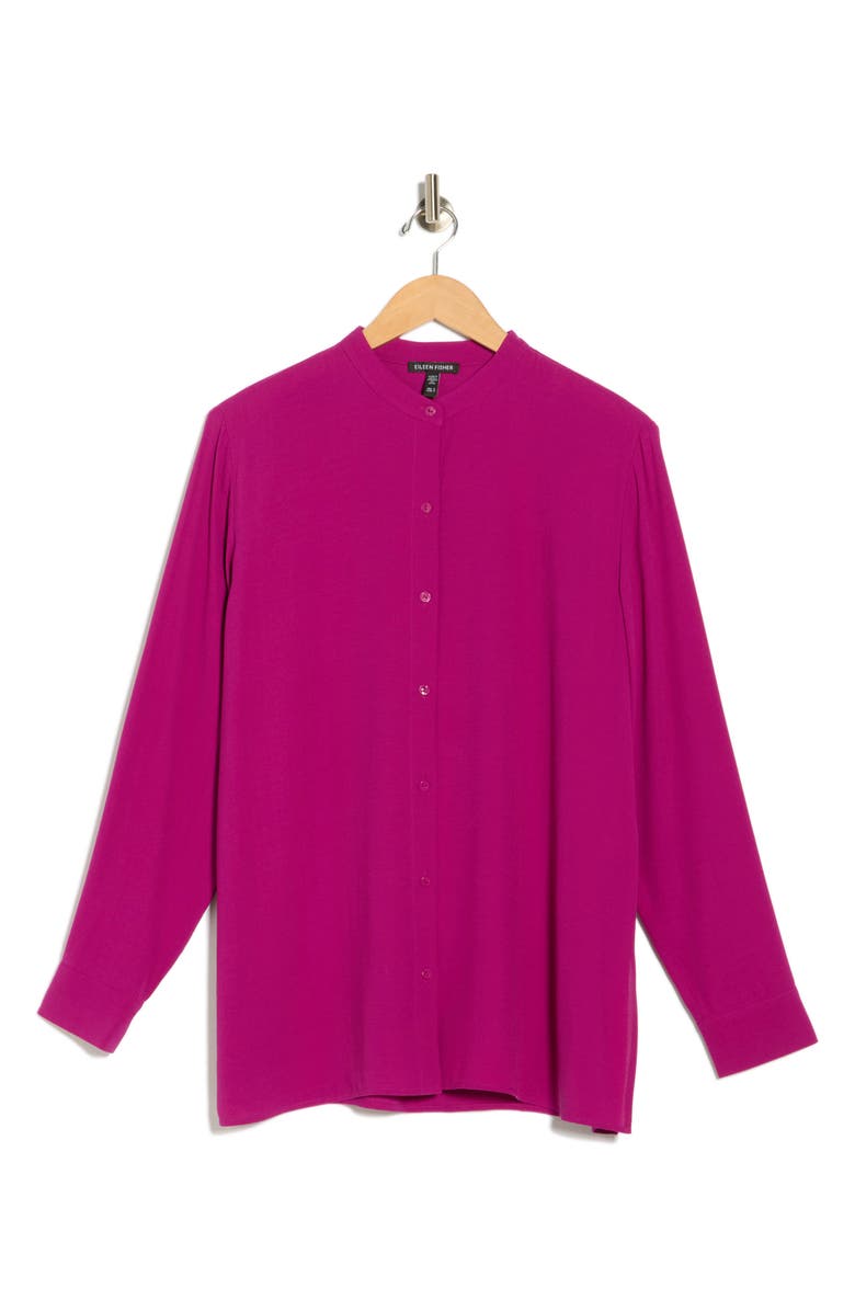 Eileen Fisher Band Collar Silk Button-Up Shirt, Alternate, color, Berry Bloom