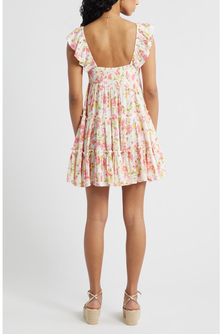 Flutter Sleeve Cotton Blend Mini Sundress, Alternate, color, IVORY- PINK SAVANNAH GARDEN