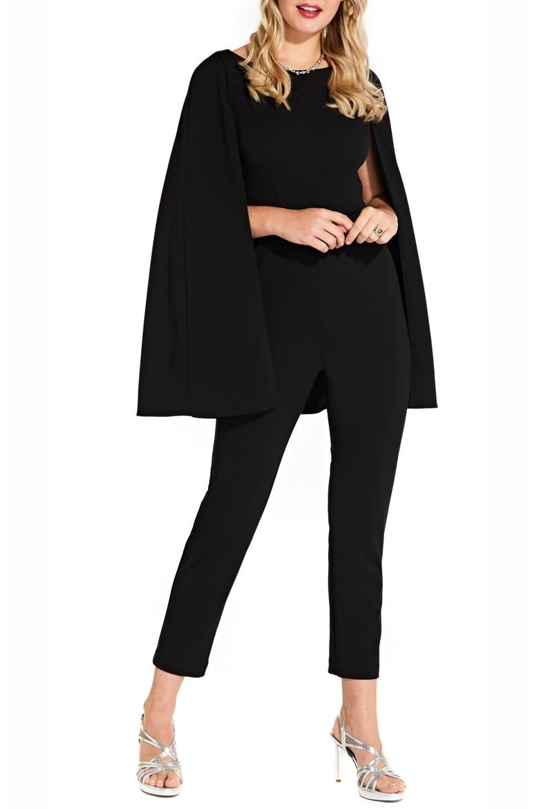 Long Cape Sleeve Stretch Crepe Jumpsuit, Main, color, BLACK
