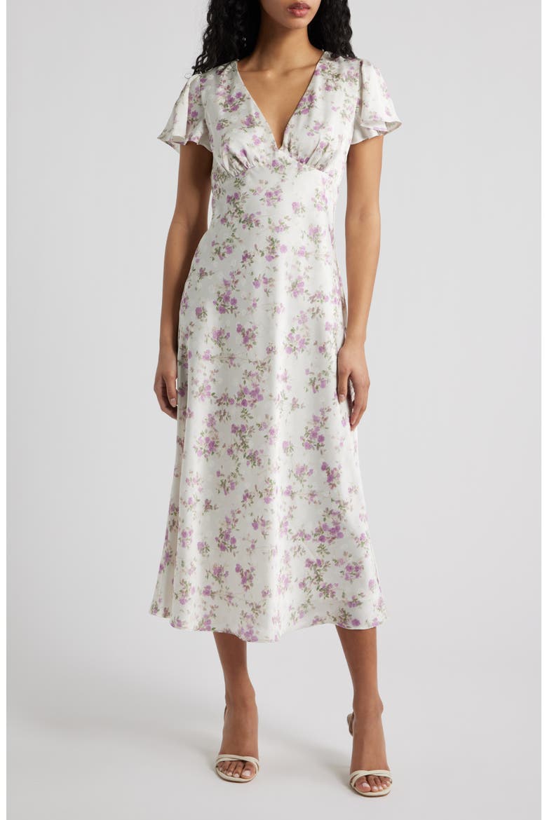 Fernanda Floral Flutter Sleeve Maxi Dress, Main, color, WHITE / PURPLE FLORAL