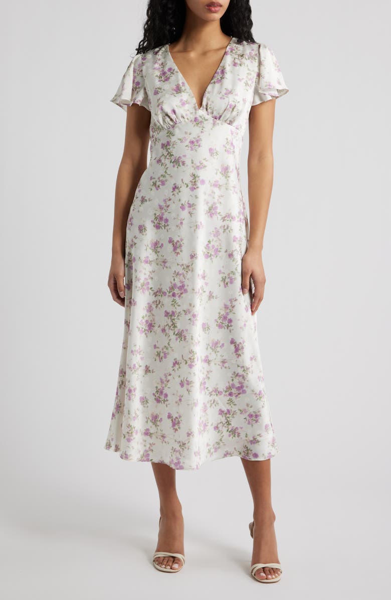 Lulus Fernanda Floral Flutter Sleeve Maxi Dress, Main, color, White / Purple Floral