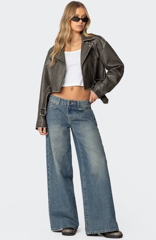 Edikted Washed Faux Leather Moto Jacket In Gray-washed