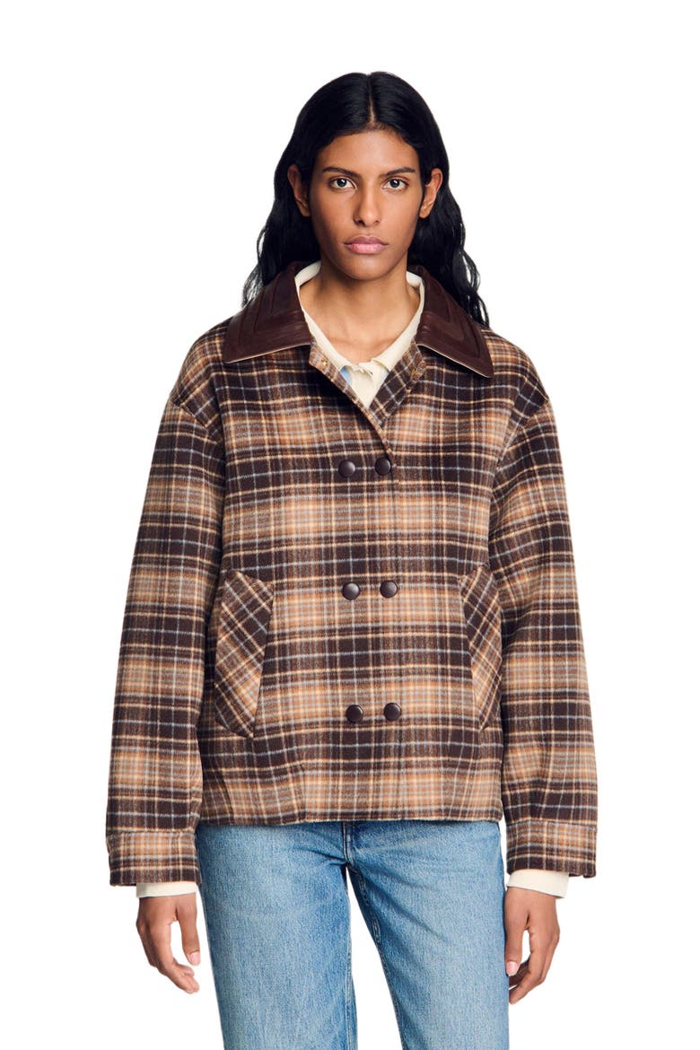 Check coat with leather collar, Main, color, Brown