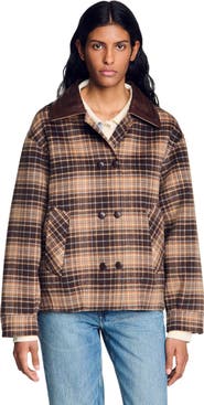 SANDRO Check coat with leather collar