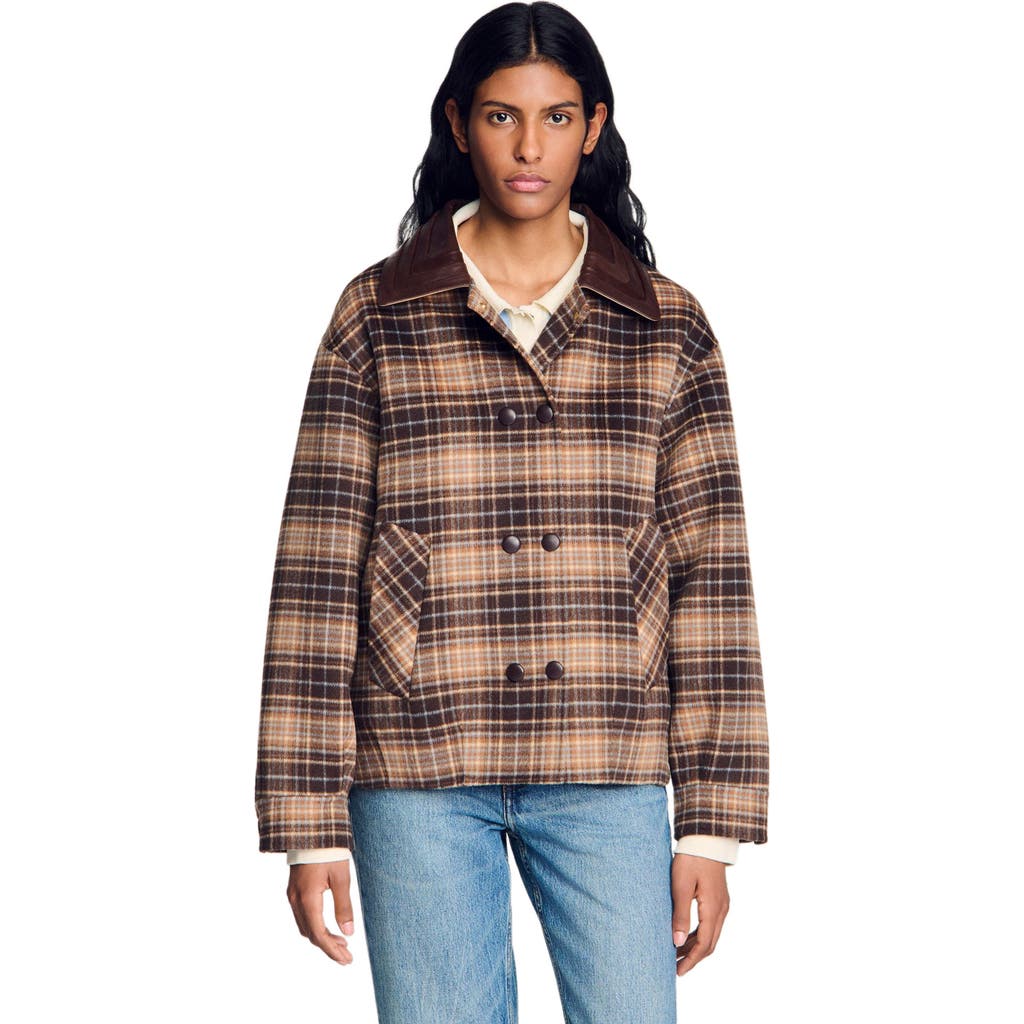 Sandro Check Coat With Leather Collar In Brown